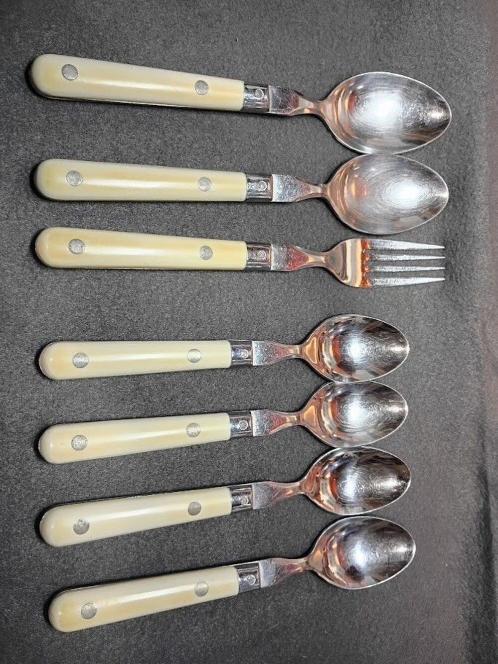 WF Mardi Gras Stainless Flatware Korea Ivory Handle 7pc Fork Spoon Set Vintage - Picture 1 of 10